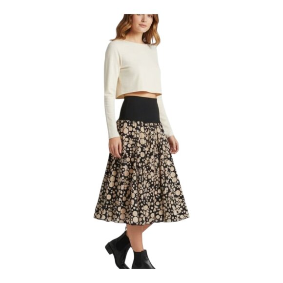 Carole Little Linen Blend Skirt Black Beige Foldover Stretch Jersey Waistband L - Picture 1 of 14